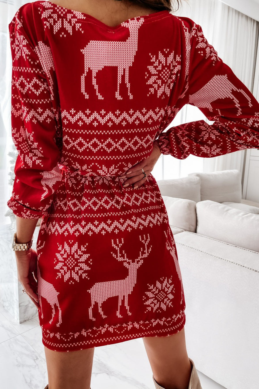 Christmas Print Long Sleeve Tie Waist Casual Mini Dress