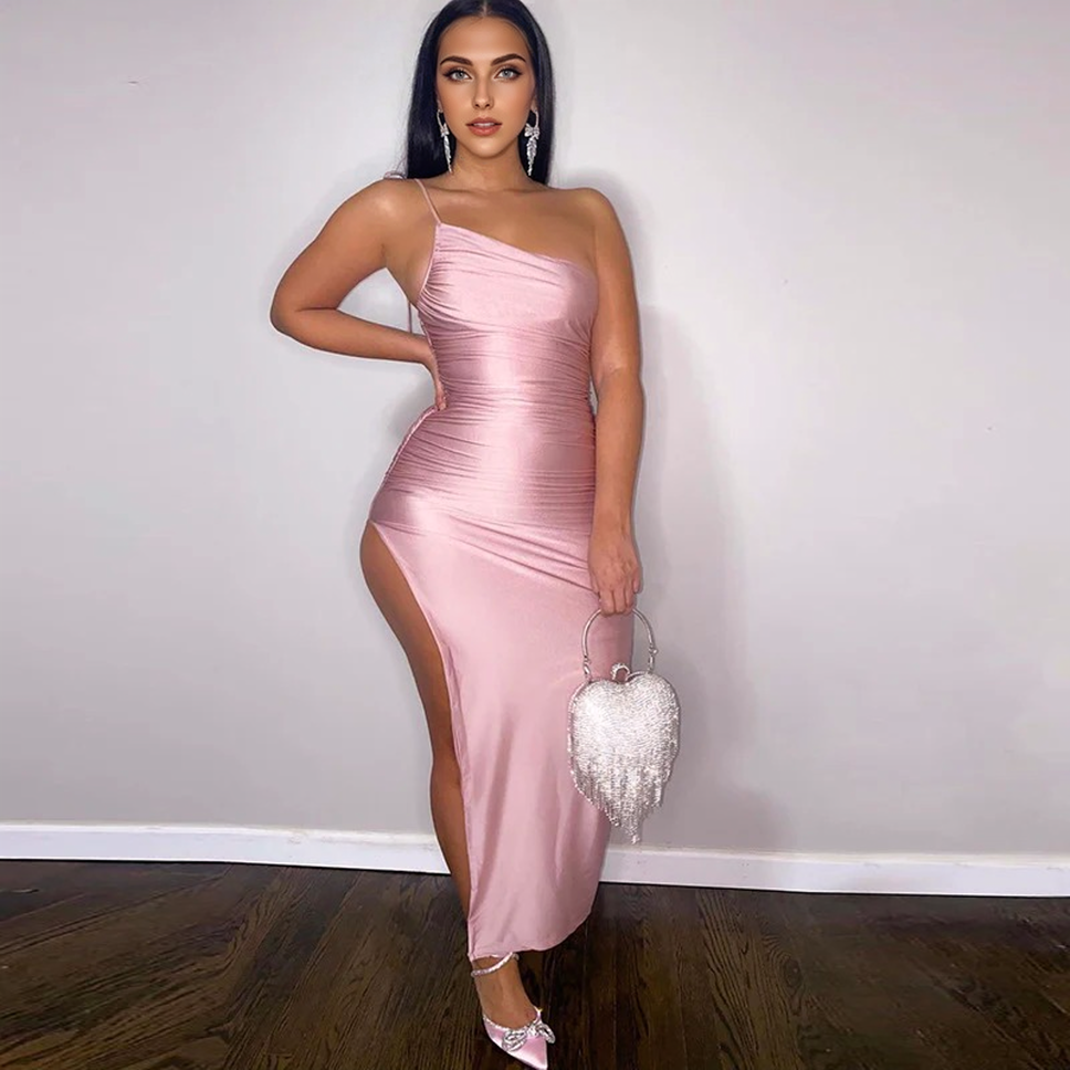 Julia Fashion - Sexy Slant Shoulder Backless Bodycon Midi Dress