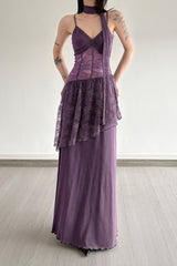 Lace Trim Sheer Waist Tie Cami Maxi Lace Dress