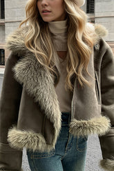 Oversized Fur Collar Suede Look Coat