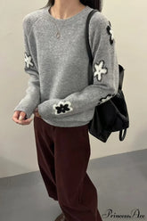 Gray Floral Pattern Slim-Fit Loose Pullover Sweater Grey / One Size