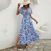 Brina - V-neck blue floral-printed slimming Maxi Dress