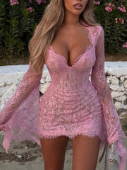 Whispers of Blush Lace Bell-Sleeve Mini Dress