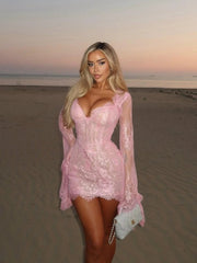 Whispers of Blush Lace Bell-Sleeve Mini Dress