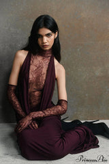 Lace Panel Halterneck Deep V Ruched Party Dress Purple / XS