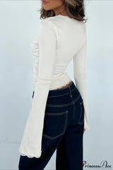 Lace Paneled V-Neck Tie-Waist Long-Sleeve Slim Knit Top
