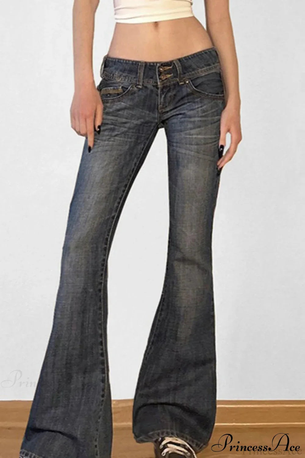 Low Waisted Washed Slim Flared Leg Jeans