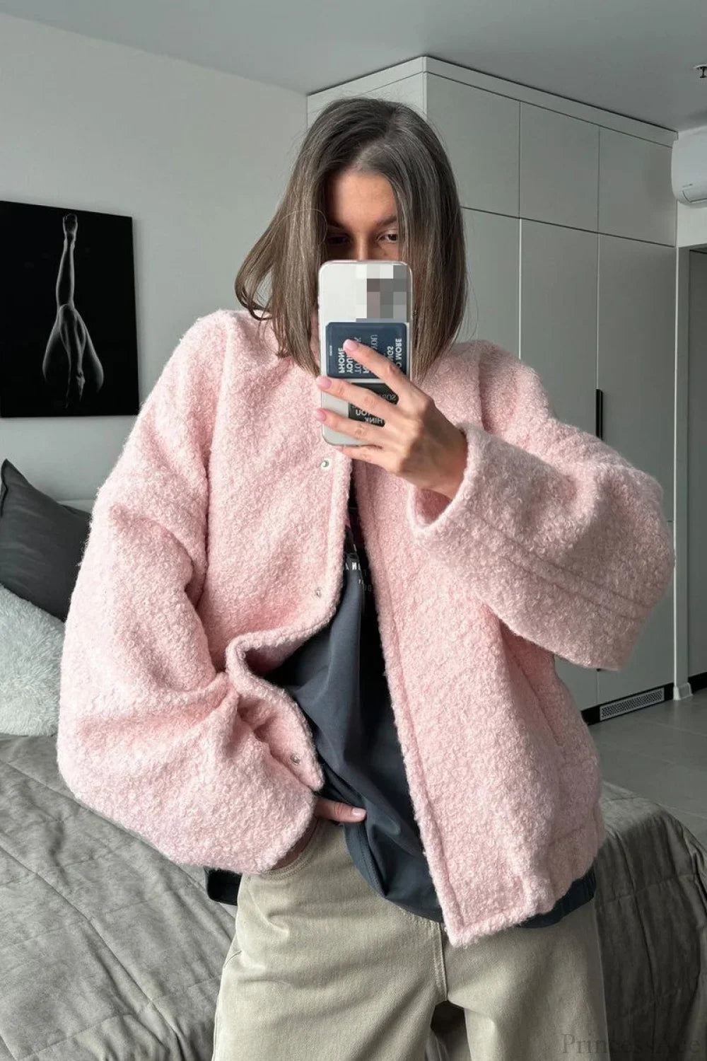 Pink Casual Stand Collar Fleece Jacket Pink / S