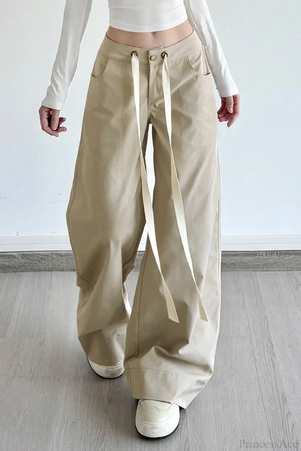 Pocket Patchwork Loose Wide Leg Cargo Pants Khaki / S