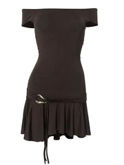 Brown Strapless Ruffle Mini Dress with Strappy Design