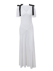 French V Neck Puff Sleeve Tie Bow Maxi Dress