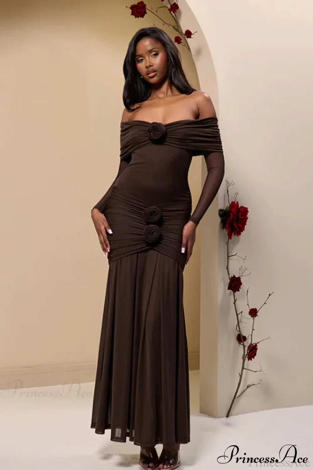 Ruched Off Shoulder Floral Bodycon Maxi Dress Brown / S