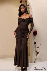 Ruched Off Shoulder Floral Bodycon Maxi Dress Brown / S
