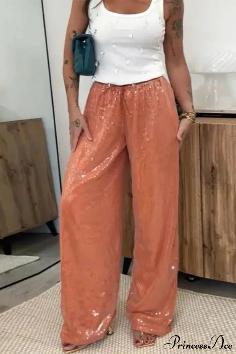 Sequin Loose Wide-Leg Casual Pants Orange / S