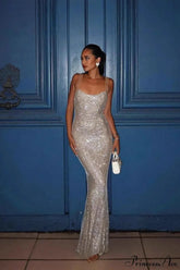 Shiny Spaghetti Strap Slim Fitted Long Party Dress Apricot / XS