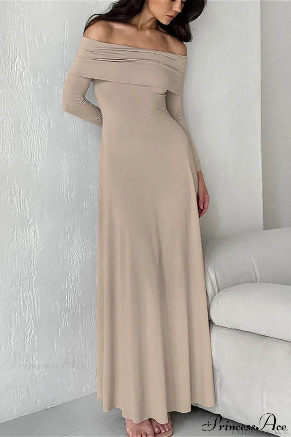 Slinky Off Shoulder Minimal Formal Maxi Dress Khaki / S
