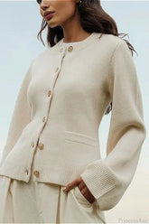 Solid Cinched Waist Elegant Minimal Cardigan Sweater White / S