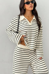 Striped Long Sleeve Pullover Wide Leg Two Piece Set