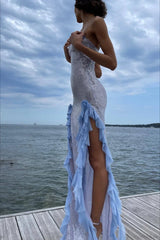 Sultry Sequined Ruffled 3D Floral Wedding Dress