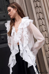 Tencel Ruffled V Neck Flared Sleeve Blouse White / S