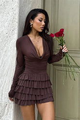 Tiered V-Neck Ruched Slim Mini Dress Brown / S