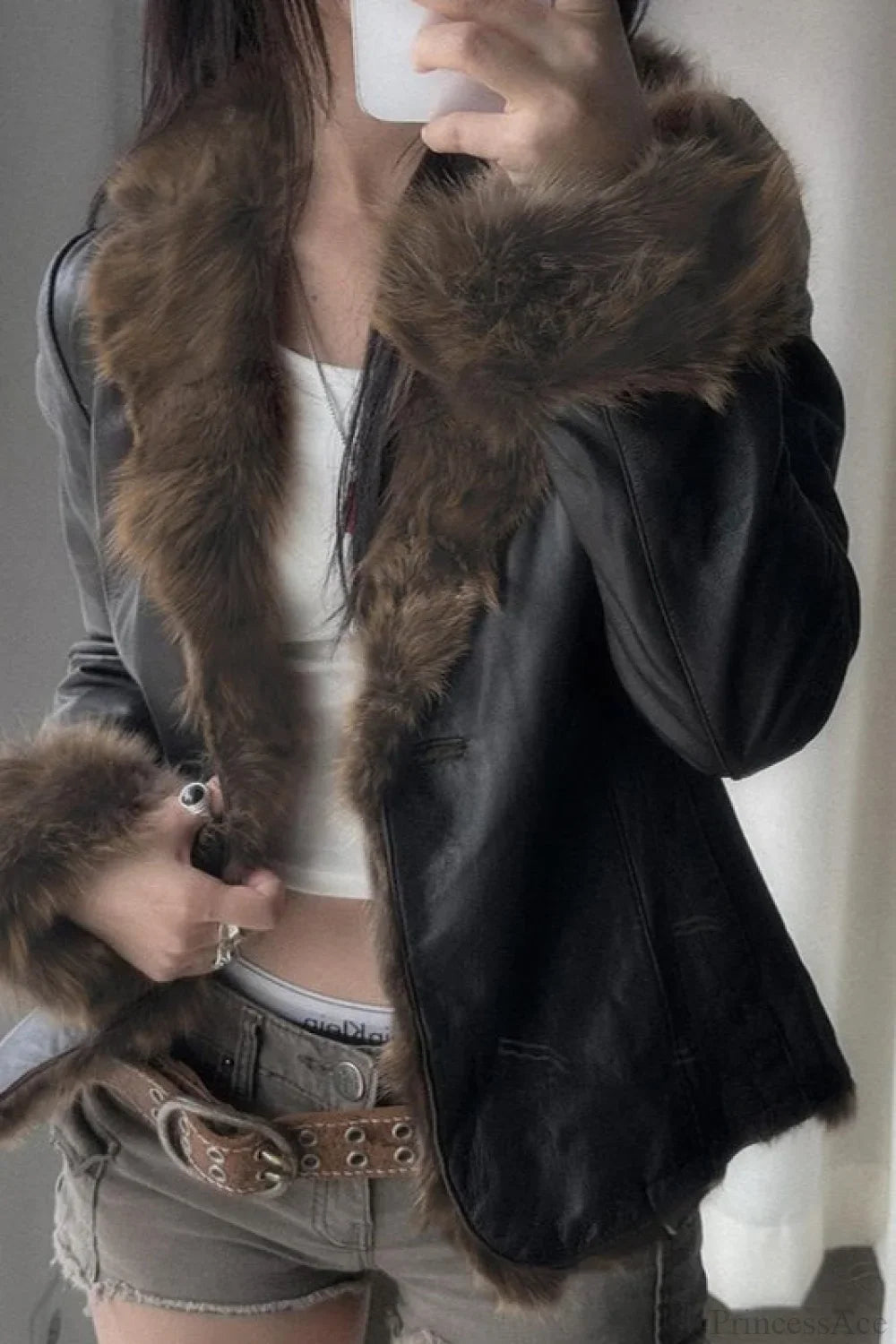 Vintage Y2K Furry Collar Leather Waist - Cinching Jacket Black / S