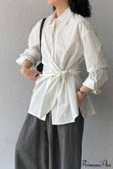 Waist Collared Mid-Length Office Blouse