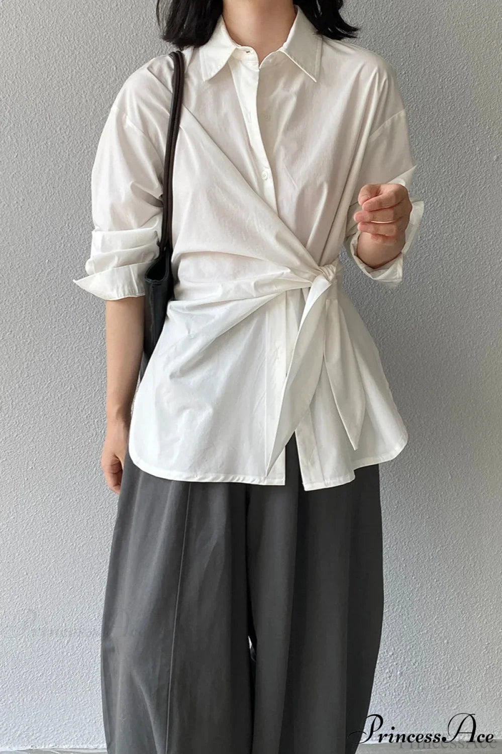Waist Collared Mid-Length Office Blouse