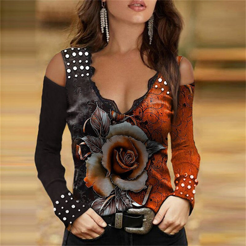 JuliaFashion - 2024 Women Sexy V-Neck Off Shoulder Shirts Tops Rose Printed Clothing