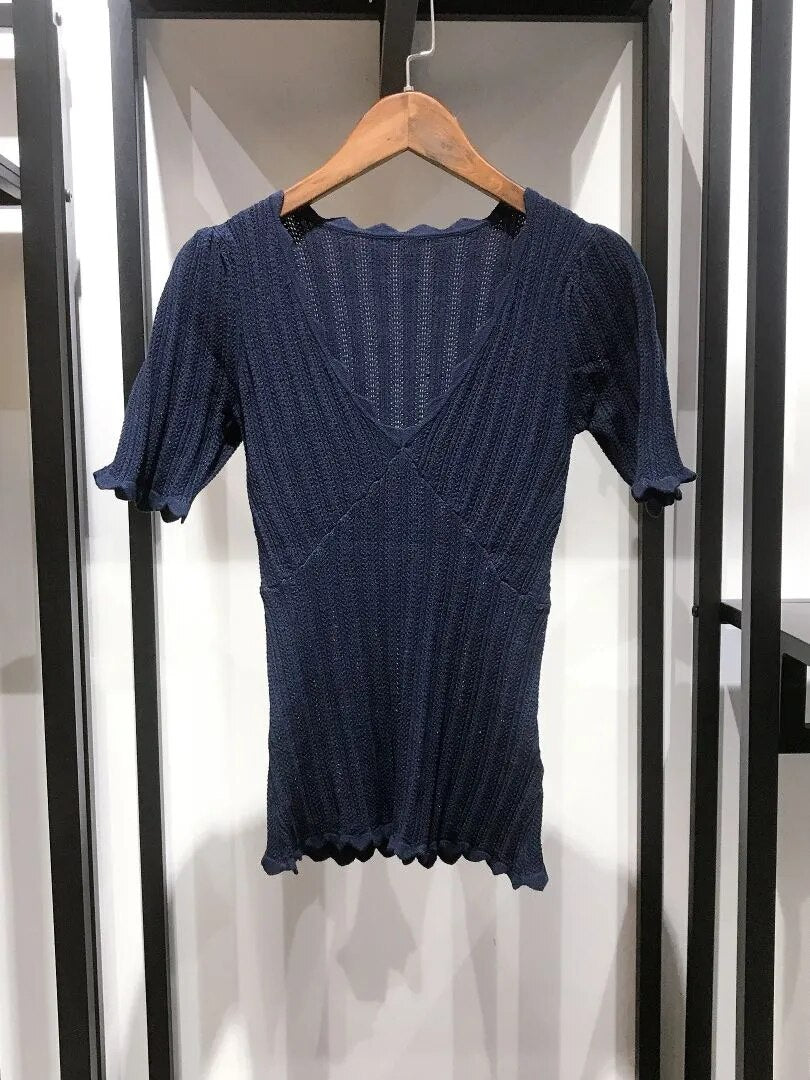 JuliaFashion - 2024 Slim V-Neck Knit Sweater Tee
