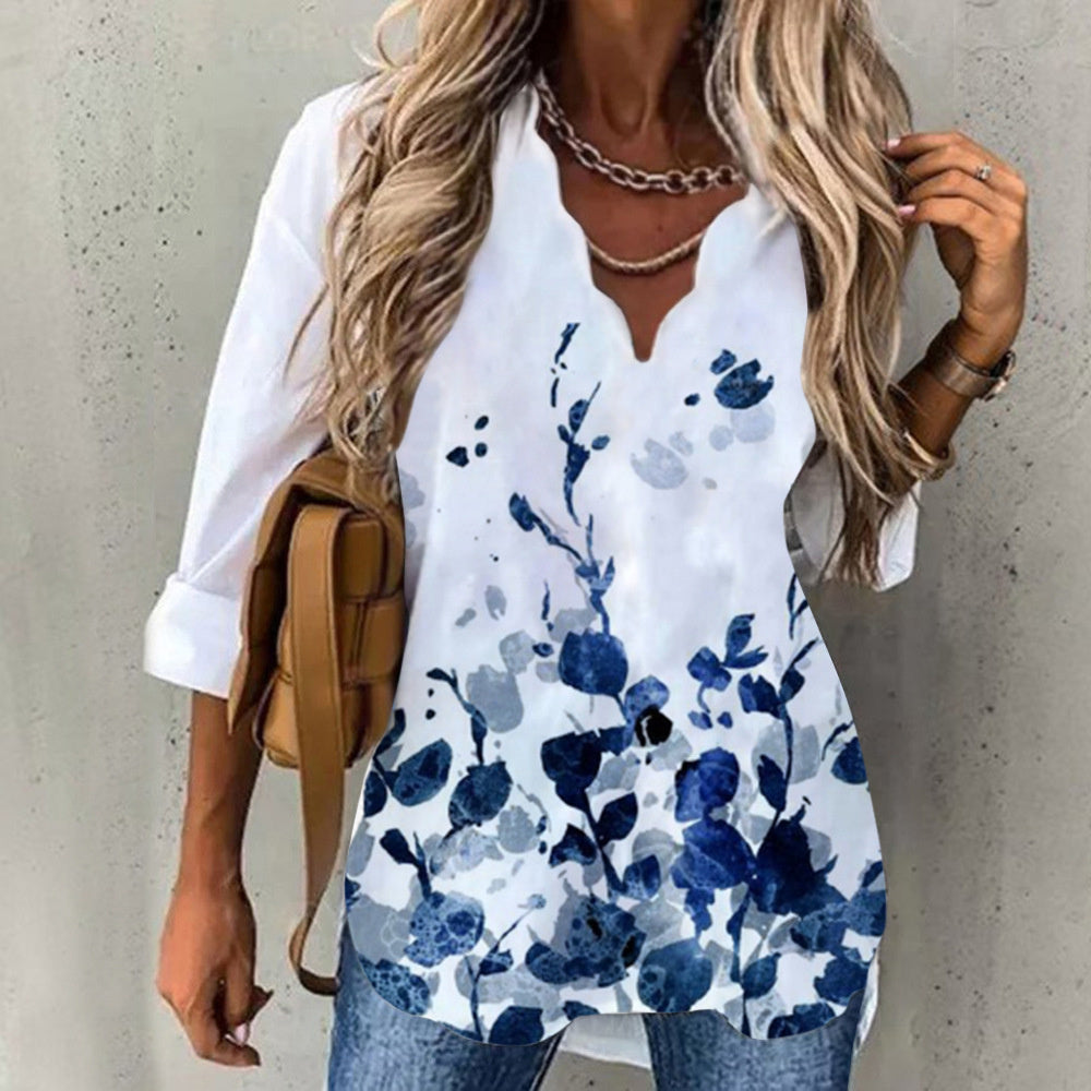 JuliaFashion - 2024 Women Vintage Casual Shirt Flower Printed Patchwork Loose Shirt