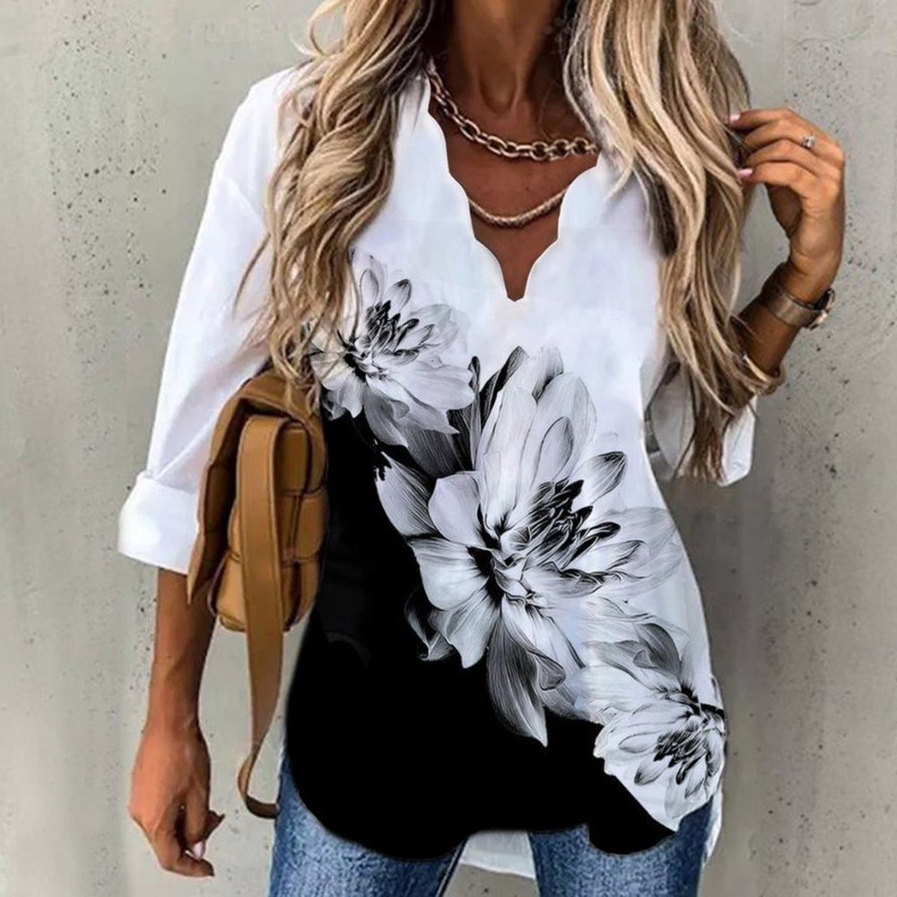 JuliaFashion - 2024 Women Vintage Casual Shirt Flower Printed Patchwork Loose Shirt