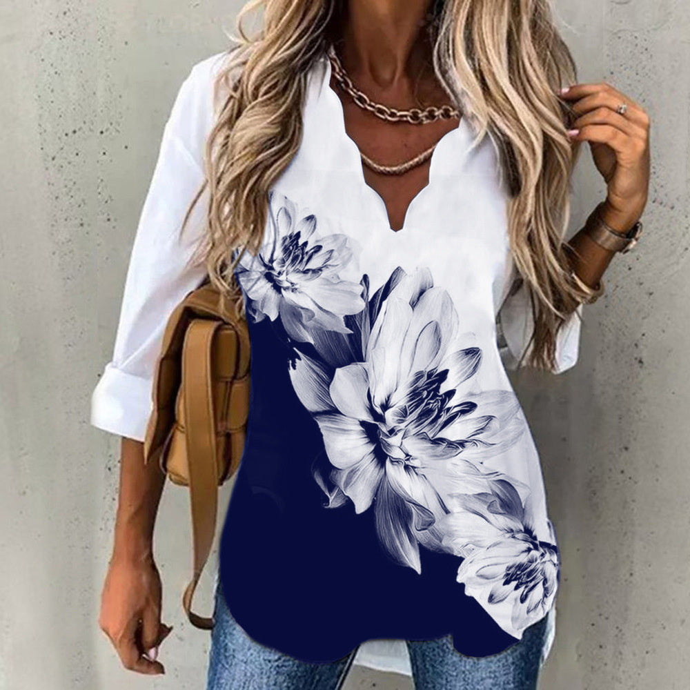 JuliaFashion - 2024 Women Vintage Casual Shirt Flower Printed Patchwork Loose Shirt