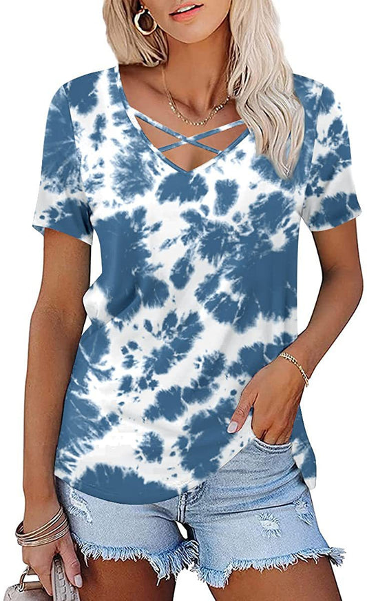 JuliaFashion - 2024 Women's Chest Cross-band Printed V-Neck Short Sleeve T-Shirt