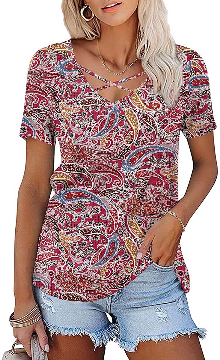 JuliaFashion - 2024 Women's Chest Cross-band Printed V-Neck Short Sleeve T-Shirt