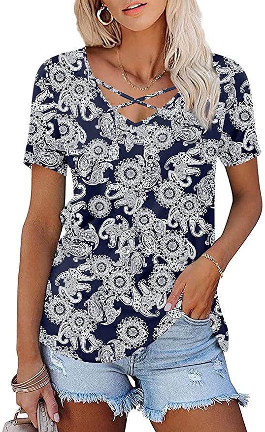 JuliaFashion - 2024 Women's Chest Cross-band Printed V-Neck Short Sleeve T-Shirt