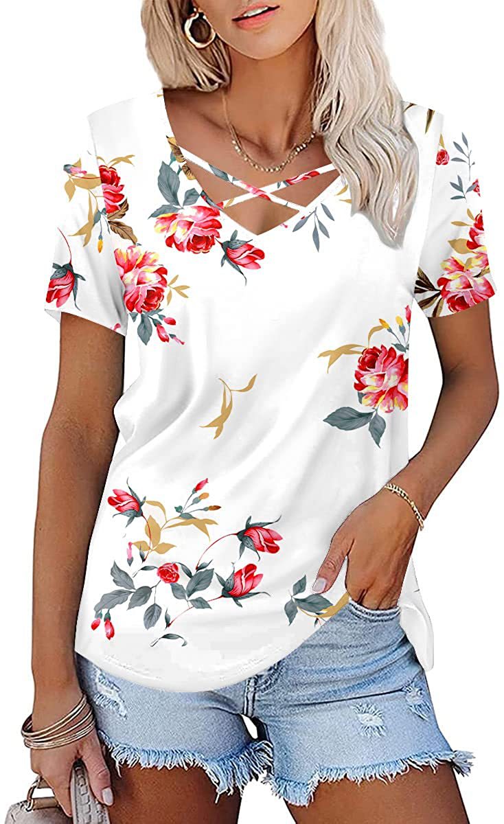 JuliaFashion - 2024 Women's Chest Cross-band Printed V-Neck Short Sleeve T-Shirt