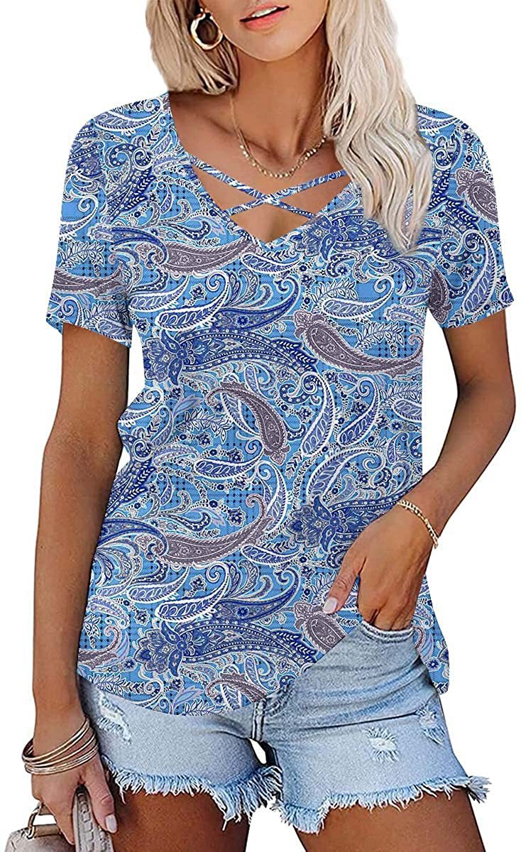 JuliaFashion - 2024 Women's Chest Cross-band Printed V-Neck Short Sleeve T-Shirt