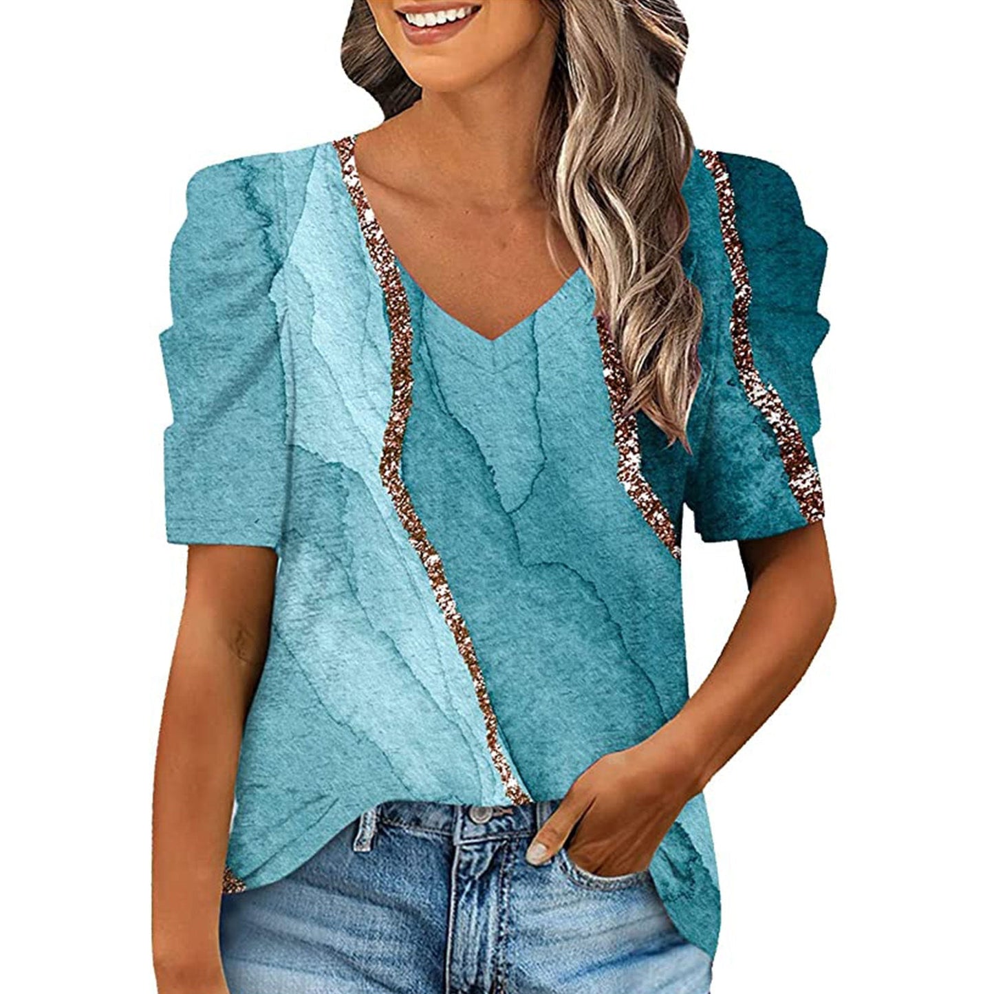 JuliaFashion - 2024 Women's Smocked Stitching V-neck Short-sleeved Printed T-shirt tops