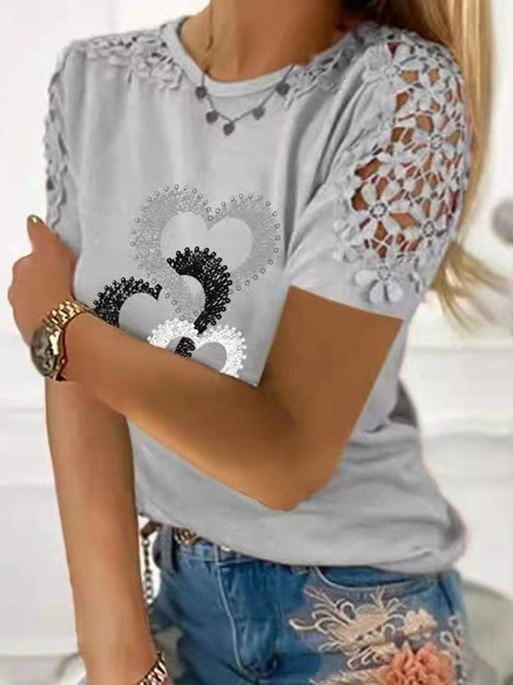 JuliaFashion - 2024 Women's Lace Short Sleeve T-Shirts Loose Pullovers