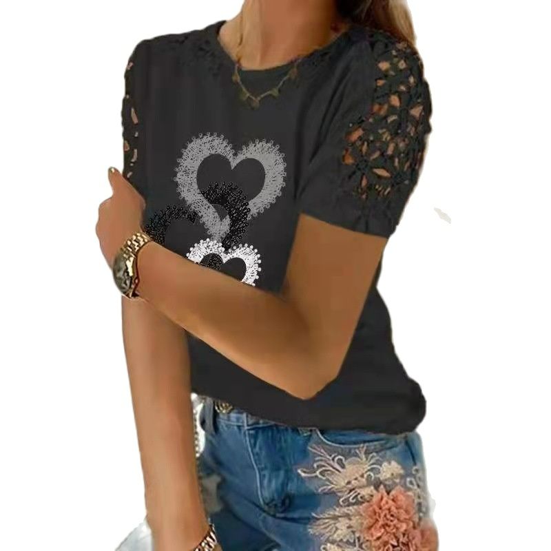 JuliaFashion - 2024 Women's Lace Short Sleeve T-Shirts Loose Pullovers