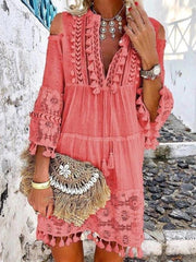 JuliaFashion - Women Elegant V-Neck Drawstring Tassel Design Party Dress