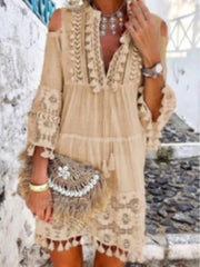JuliaFashion - Women Elegant V-Neck Drawstring Tassel Design Party Dress