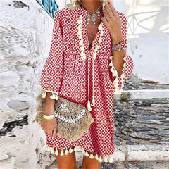 JuliaFashion - Women Elegant V-Neck Drawstring Tassel Design Party Dress