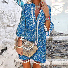 JuliaFashion - Women Elegant V-Neck Drawstring Tassel Design Party Dress
