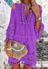 JuliaFashion - Women Elegant V-Neck Drawstring Tassel Design Party Dress