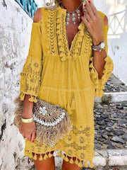 JuliaFashion - Women Elegant V-Neck Drawstring Tassel Design Party Dress