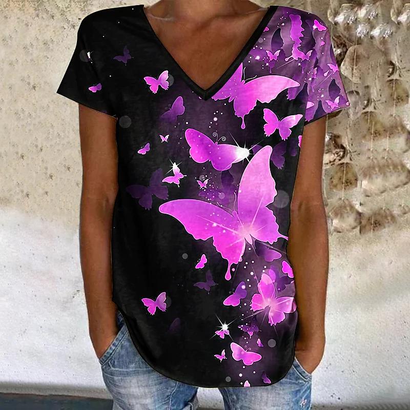 JuliaFashion - 2024 Women's Butterfly Painting Butterfly Loose V-Neck Print Basic Tops