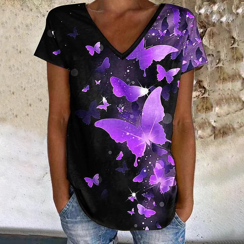 JuliaFashion - 2024 Women's Butterfly Painting Butterfly Loose V-Neck Print Basic Tops