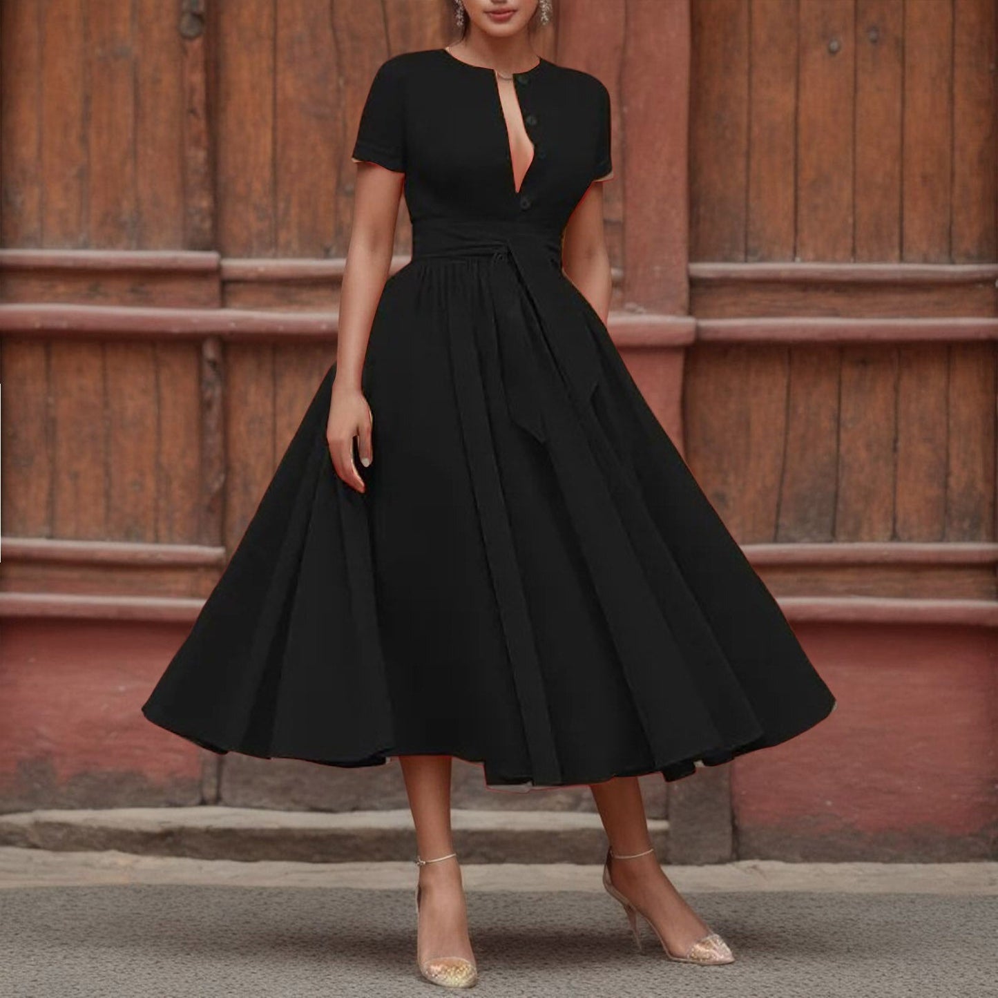 JuliaFashion - 2024 Vintage Solid Short Sleeve Maxi Dress
